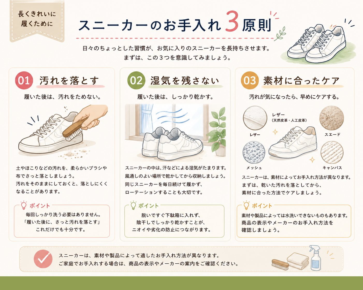 👟お気に入りのスニーカーを長く使うために｜素材別のお手入れ方法