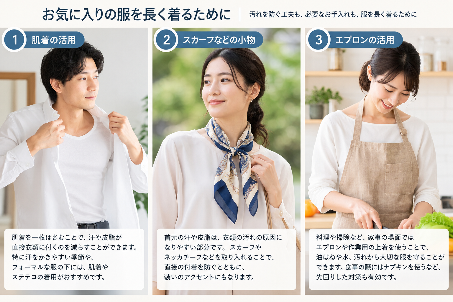 お気に入りの服を長く着るために① 汚れを防ぐ、肌着や小物の上手な使い方